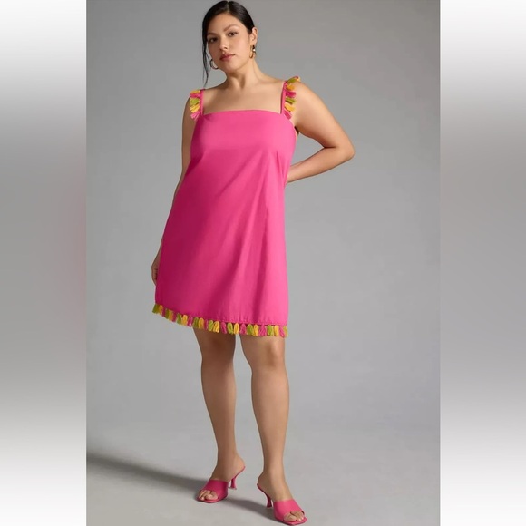 NWT Anthropologie The Hartley‎ Shift Mini Dress Neon Pink with Tassels Size M - Picture 1 of 15